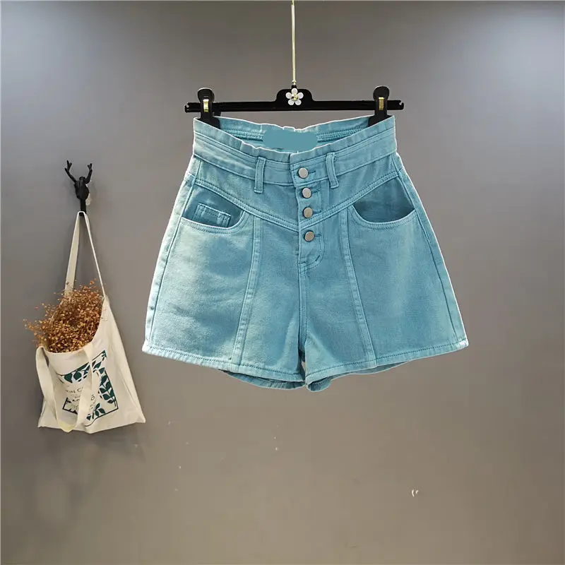 

South Korea 2022 summer new blue single-breasted high-waisted wide-leg Chic shorts A-line hot pants women