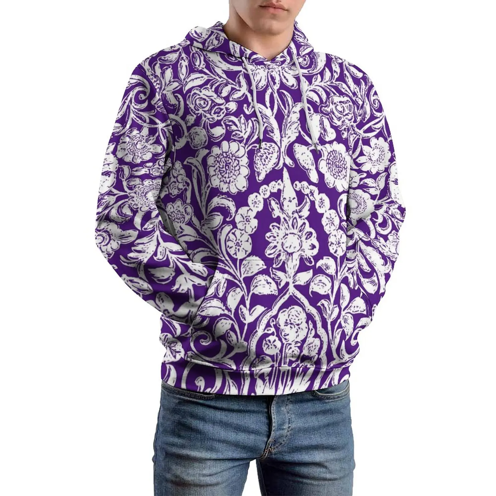 

Antique Floral Casual Hoodies Men White Purple Y2k Graphic Hooded Sweatshirts Autumn Long Sleeve Classic Oversize Hoodie