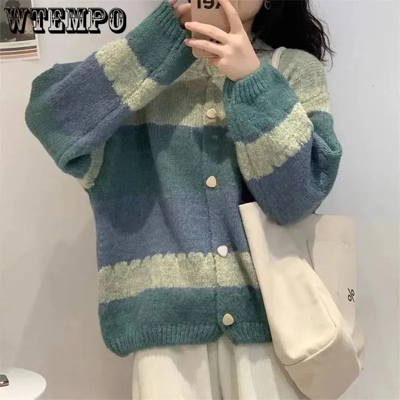 

WTEMPO Cardigan Sweater Coat Women's Loose Lady Windbreaker Foreign Retro Color Contrast Stripe Knitting Winter Wholesale