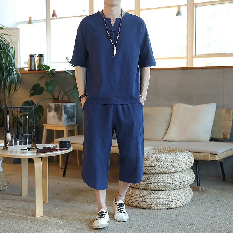 

Summer Cotton Linen Men Tracksuit Sportswear Chinese Style Loose Sweatshirt+pant Running Jogger Fitness Yoga Workout Casual Set
