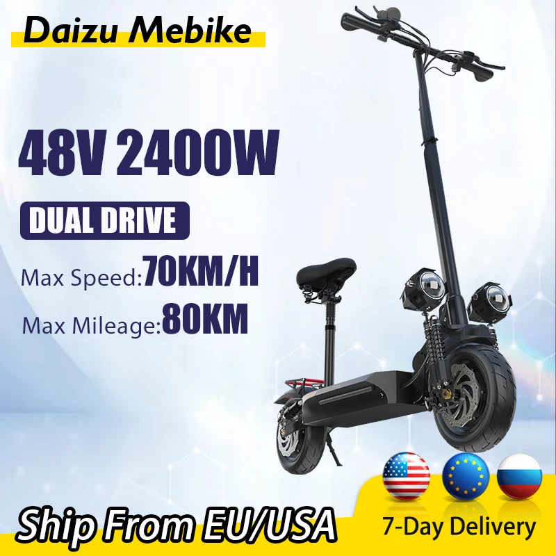 

2400W Powerful Electric Scooter Dual Motor 10inch Off Road Tire Max Speed 70km/h E scooter Max Mileage 80km with Seat 48V 18AH