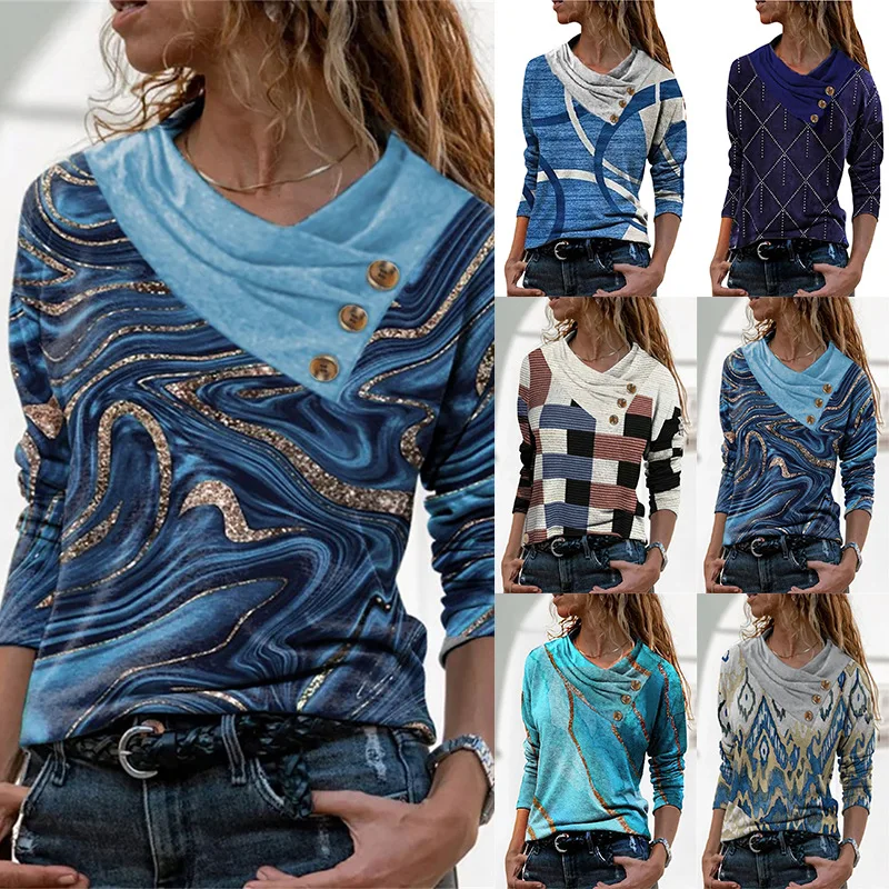 

Autumn and Winter Women's Geometric Printing Long Sleeve Double Neck Button T-shirt Women Fashion Casual Versatile Commuter Top