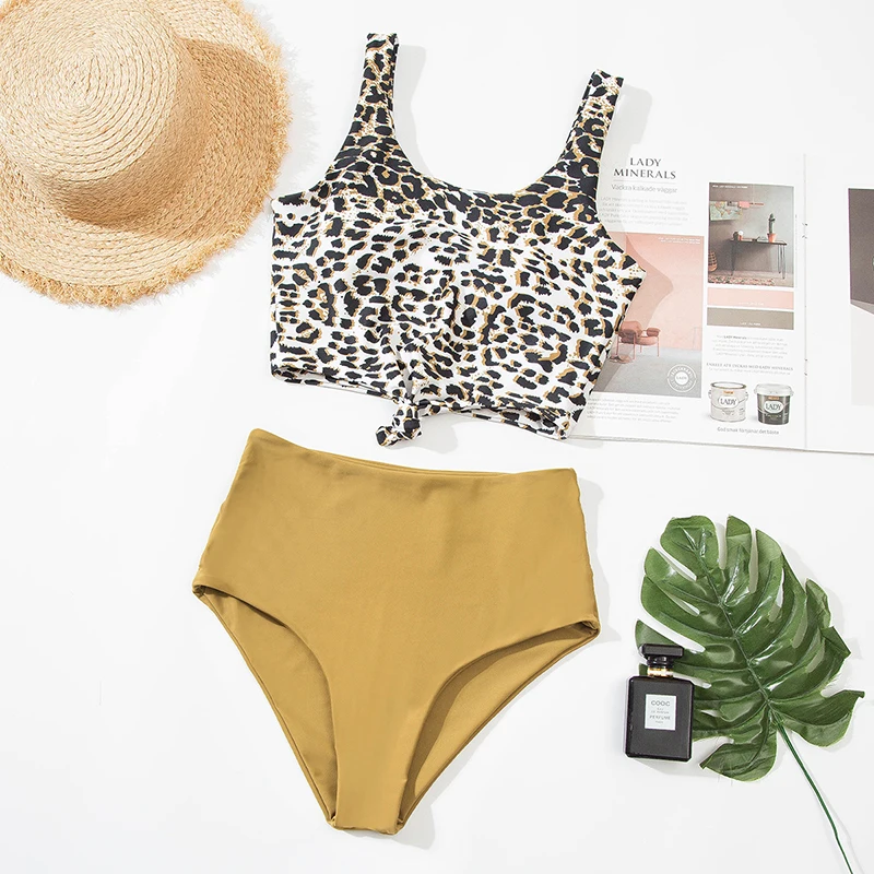 

Women's Swimsuit 2021 High Waisted 2 Piece Swimwear With Push Up Sexy Leopard Print Top And Solid Bottom Padded Beachwea
