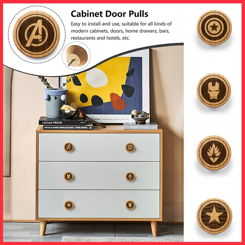 

Marvel Wooden Engraved Iron Man Drawer Knob Cabinet Pulls Nature Wood Coat Bag Wall Hangings Hooks Decor Furniture Handle