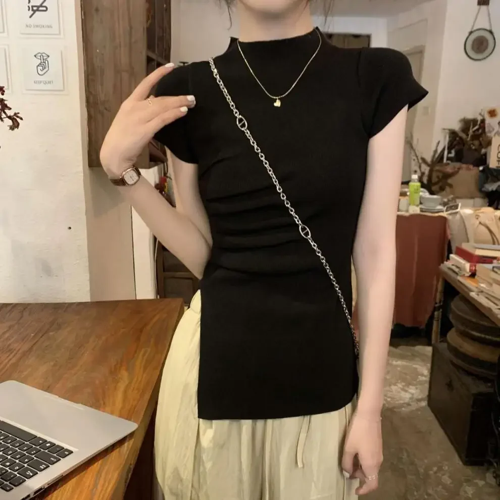 2024 белая женская летняя укороченная футболка с высоким воротником до половины