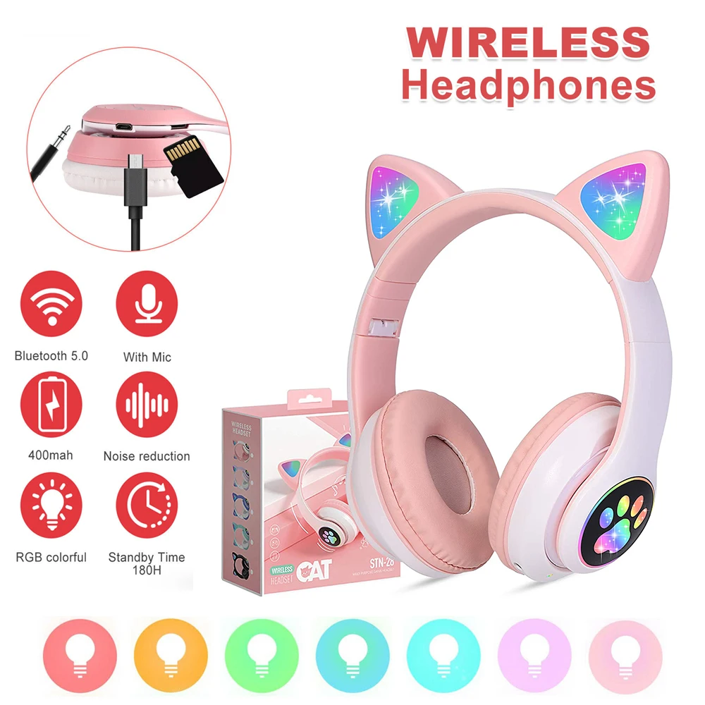 Kids Earbuds Flashing LED Cat Ears Bluetooth Wireless Headphones Over-Ear Bluetooth Earphones with Mic TF FM for Kids Girls Gift