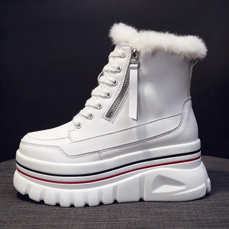 

Женские кожаные ботинки на толстой подошве, черные или белые массивные кроссовки на высокой платформе, теплые зимние ботинки с бархатной по...