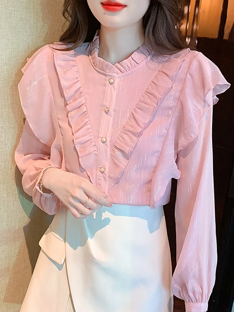 Женская шифоновая блузка с длинным рукавом оборками