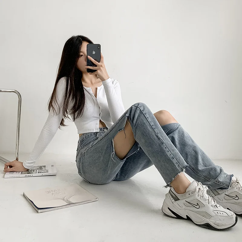 Ripped Jeans Woman High Waist Korean Fashion Denim Streetwear Straight Leg Jeans Women 2022 Vintage Clothes Women's Pants Y2k