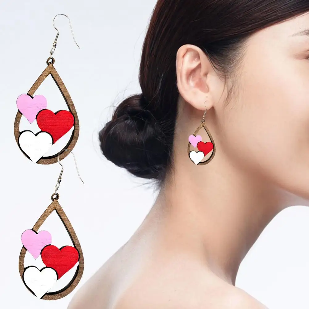 

1 Pair Chic Women Hook Earrings Exaggerated Water-drop Shaped Wooden Colorful Love Hearts Dangle Earrings for Valentine's Day