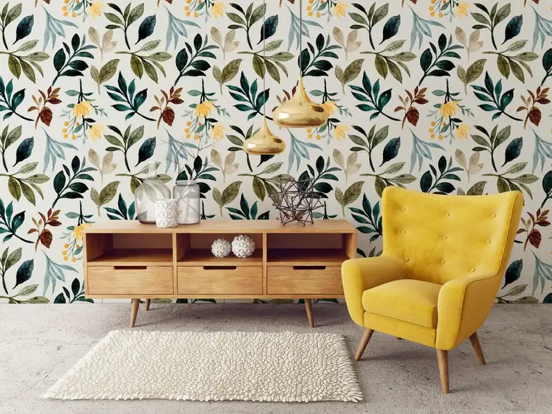 

Watercolor wallpaper, green leaves and yellow flowers pattern, Wall Mural, Removable Wallpaper, Self Adhesive, Peel and Stick, W
