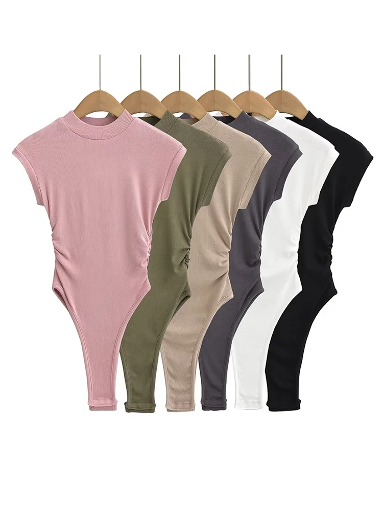 

Summer Women Bodysuit O-neck Sleeveless Knitted Elastic Slim Side Ruched Tops