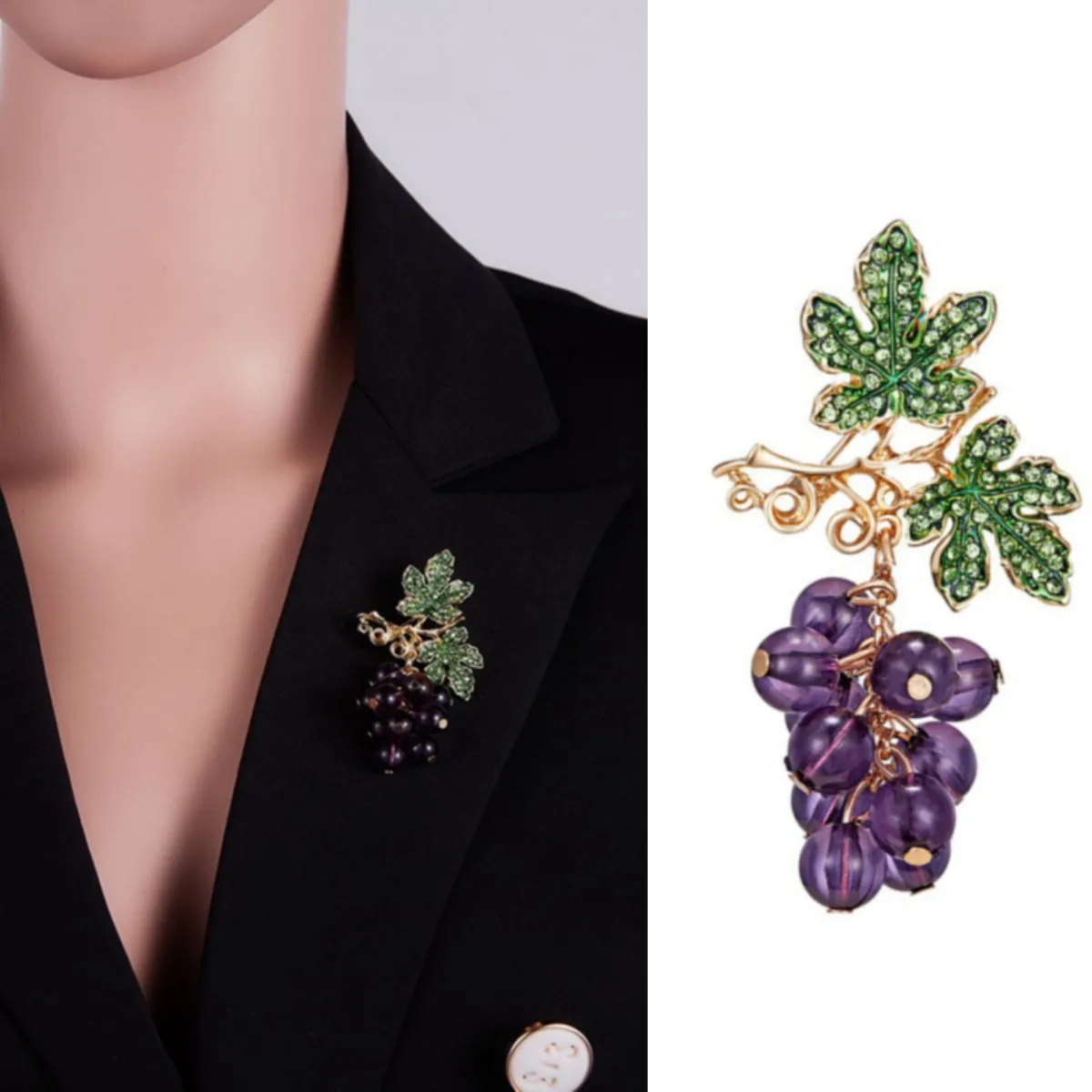 Стеклянные бусины, бриллианты для женщин, фиолетовые виноградные фрукты, повседневная офисная брошь, булавки, подарки, бриллианты