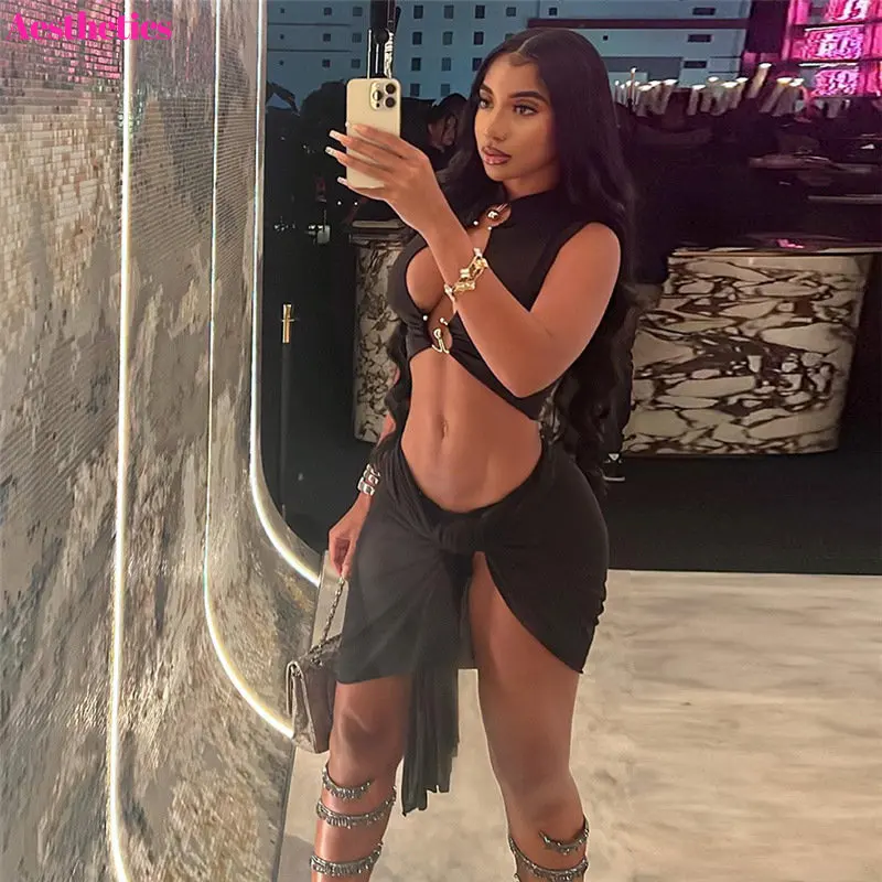 

Sexy Women Two 2 Piece Set Outfits Hollow Chic Circle Button Tank Tops+Irregular Wrapped Skirts Casual Matching Streetwear Suits