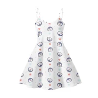 Cute Penguin Pattern White Print Sexy Party Dress for Girl Summer One Piece Sundress Beach Strappy Knee Length Holiday Party NEW