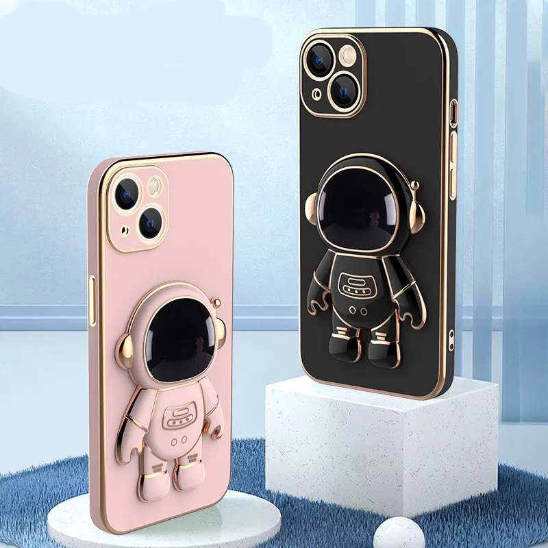 Astronaut Fold Stand Holder Phone Case for IPhone 14 11 12 13 Pro Max Mini XS XR X 7 8 Plus SE 2020 Luxury Plating Soft Cover