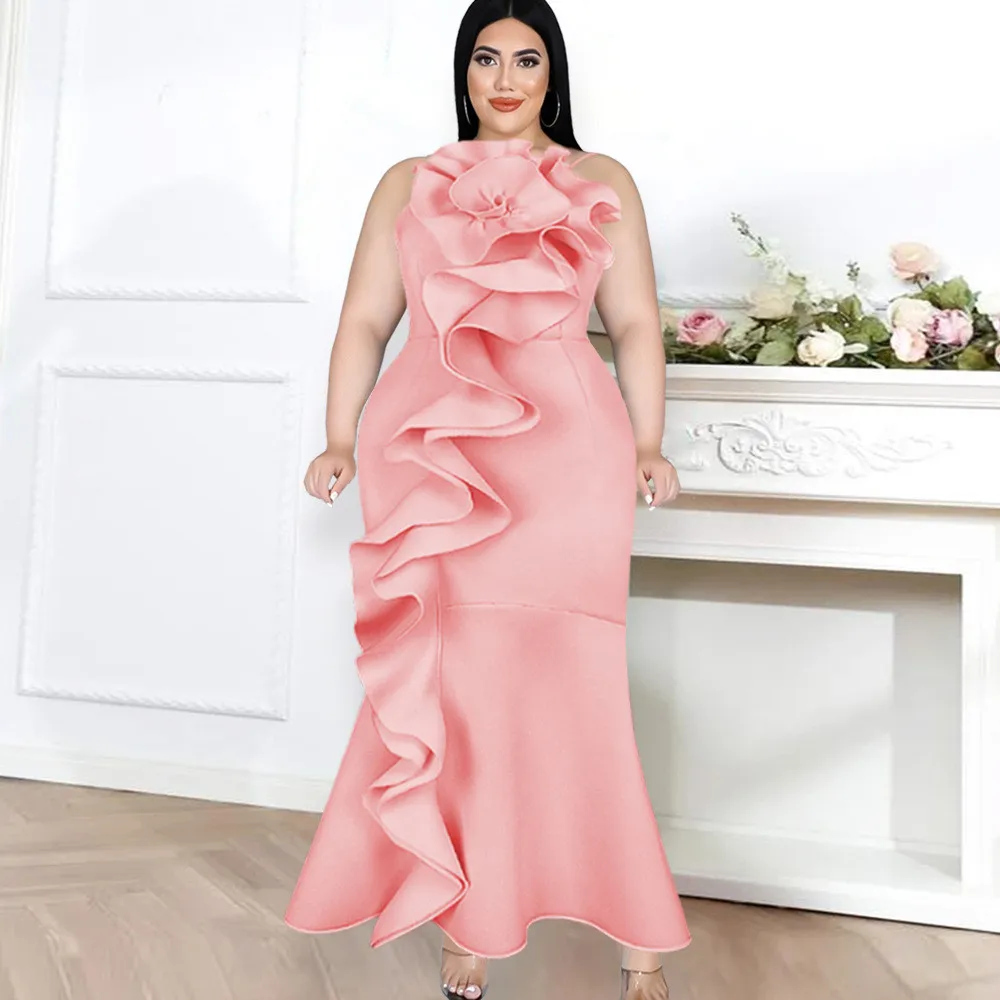 

Party Long Dress Sexy Elegant Evening Women Pink Mermaid Swing Ruffled Backless Floral Ruffle Spaghetti Strap Dress Formal 2022