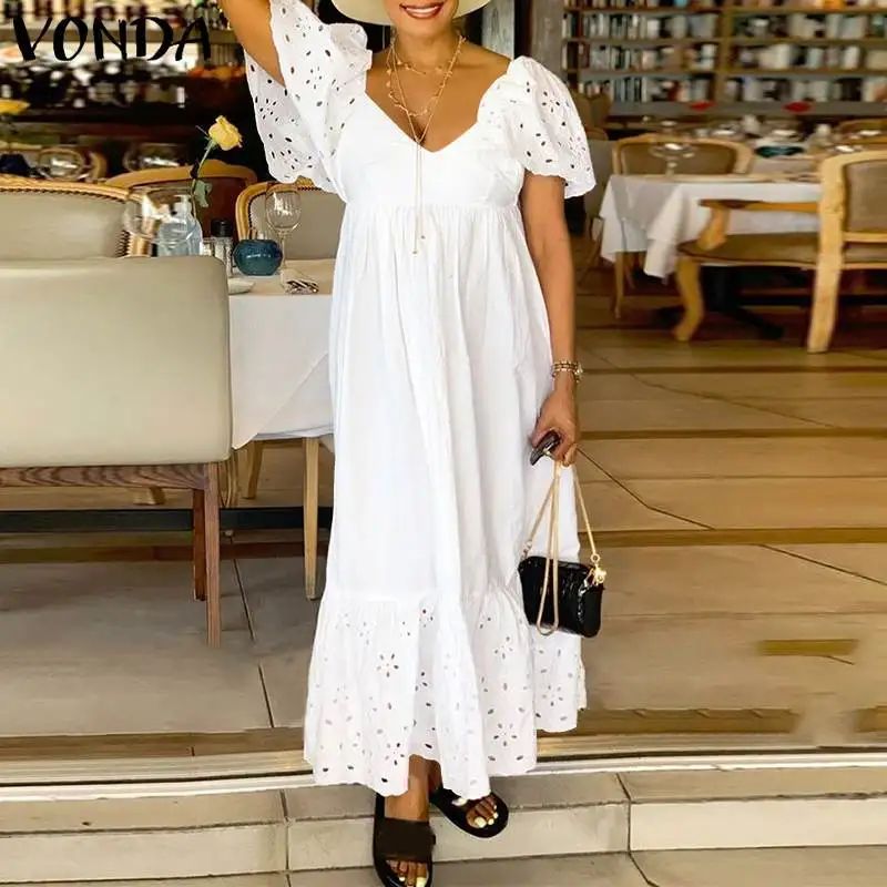 

Вечернее платье VONDA 2022, женское сексуальное кружевное лоскутное однотонное платье до середины икры с V-образным вырезом, женское вечернее пл...