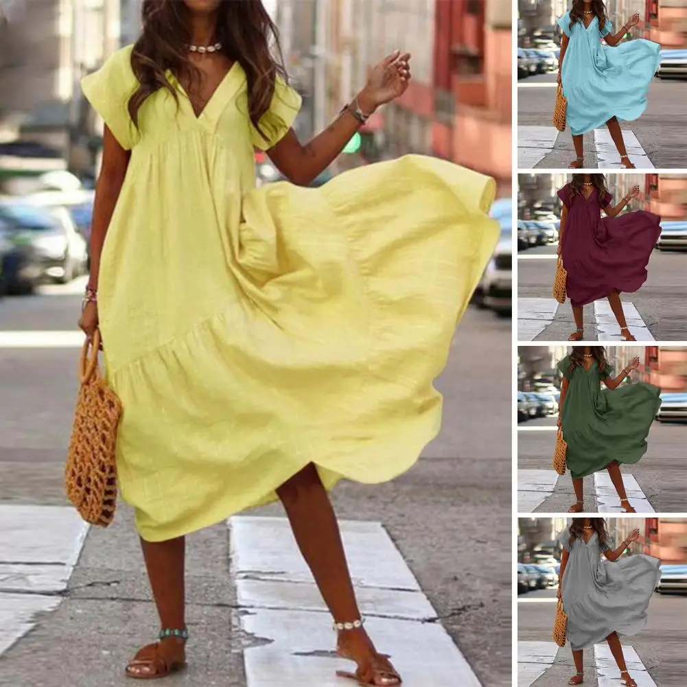 

Oversized Women Summer Dress Loose Hem V Neck Short Sleeves Lady Dress Solid Color Mid-calf Length Lady Midi Dress