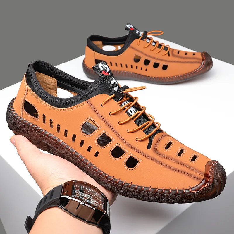 

New Men Sandals Leather Summer Beach Shoes Slip on Men's Sandal Shoes Soft Bottom Roman Comfortable Mens Slippers Outdoor