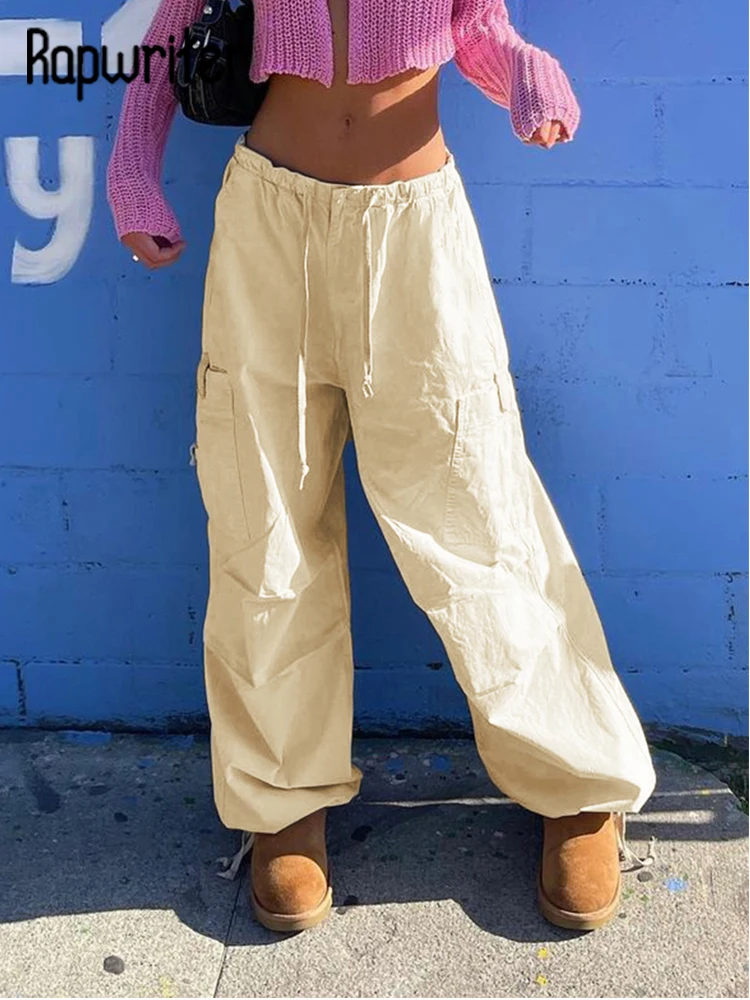 

Rapwriter Casual Pocket Cargo Pants Drawstring Lace Up Elastic Waist Sweatpants Women High Street Overalls Girl Baggy Pants 90s