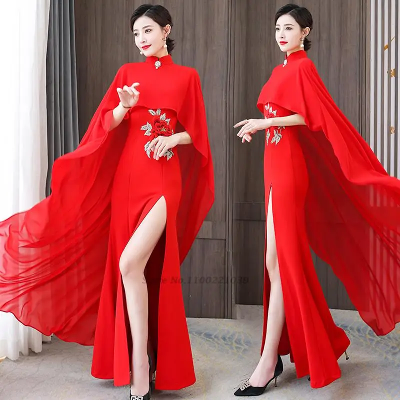 

2022 chinese embroidery qipao lace dress elegant cheongsam stand-up collar oriental tassel design blue qipao formal party dress