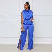 jumpsuit solid color sleeveless pile collar slit jumpsuit side button slit loose pants commuter jumpsuit african female 2022