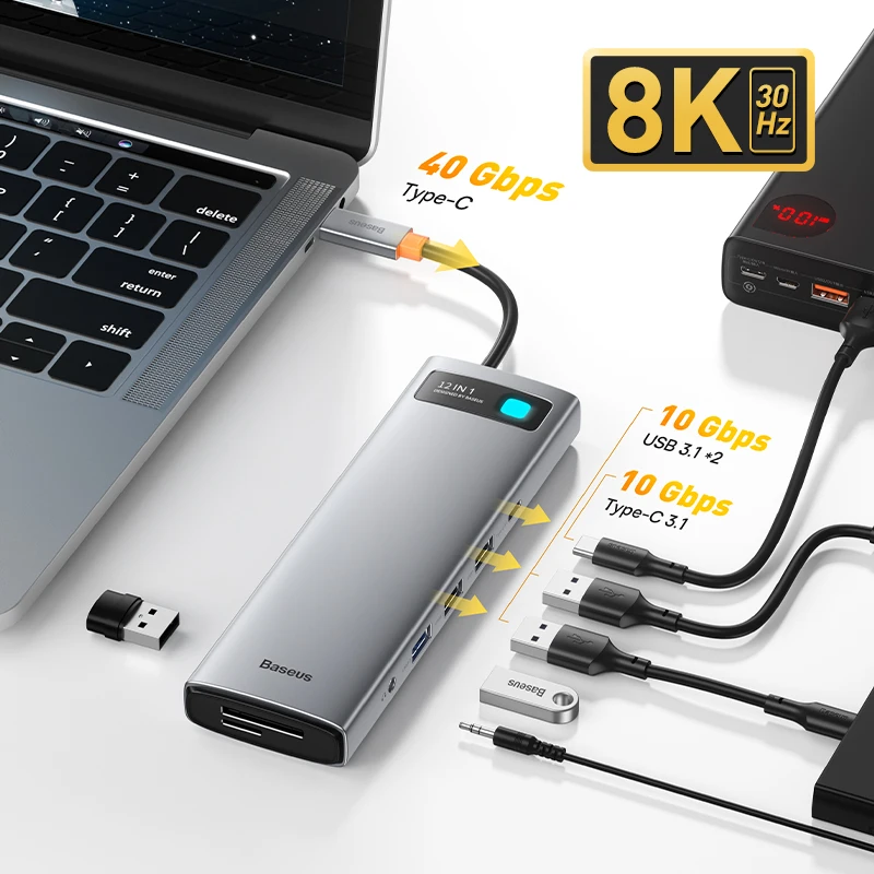 Baseus 8K/30Hz USB C HUB ประเภท C ถึง HDMI USB 3.0 Adapter PD 100W DP RJ45 12 In 1 HUB Dock Station สำหรับ MacBook Pro Air