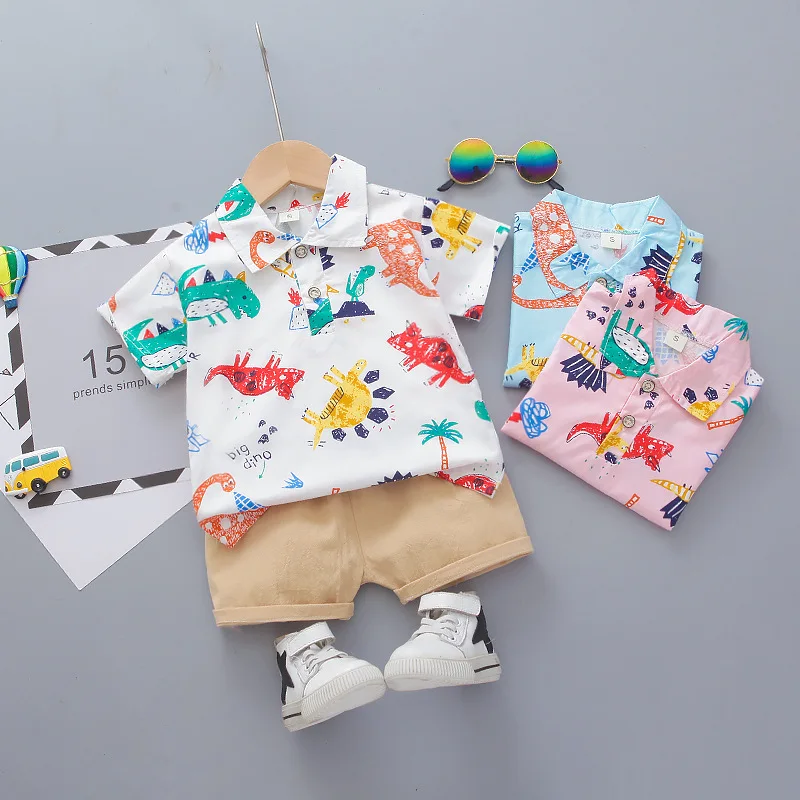 

Summer Fashion Baby Boy Suit Infant and Toddler Full Print Lapel Short Sleeved Shirt+Solid Color Shorts 2pcs Casual Clothing Set