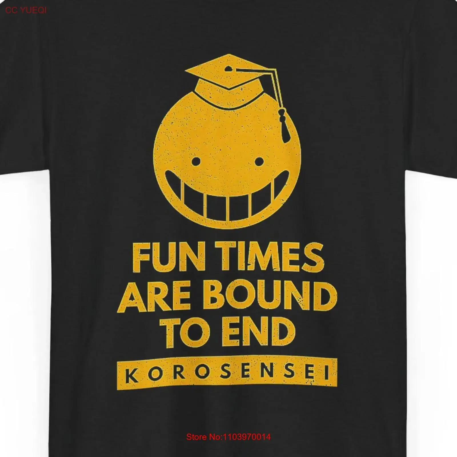 Фото Футболка Koro Sensei: Аниме-футболка «Ассасин Классрум» с Коросенсей, из плотного хлопка, винтажная, с эффектом потертости, повседневная дизайнерская одежда унисекс, слегка состаренная №1