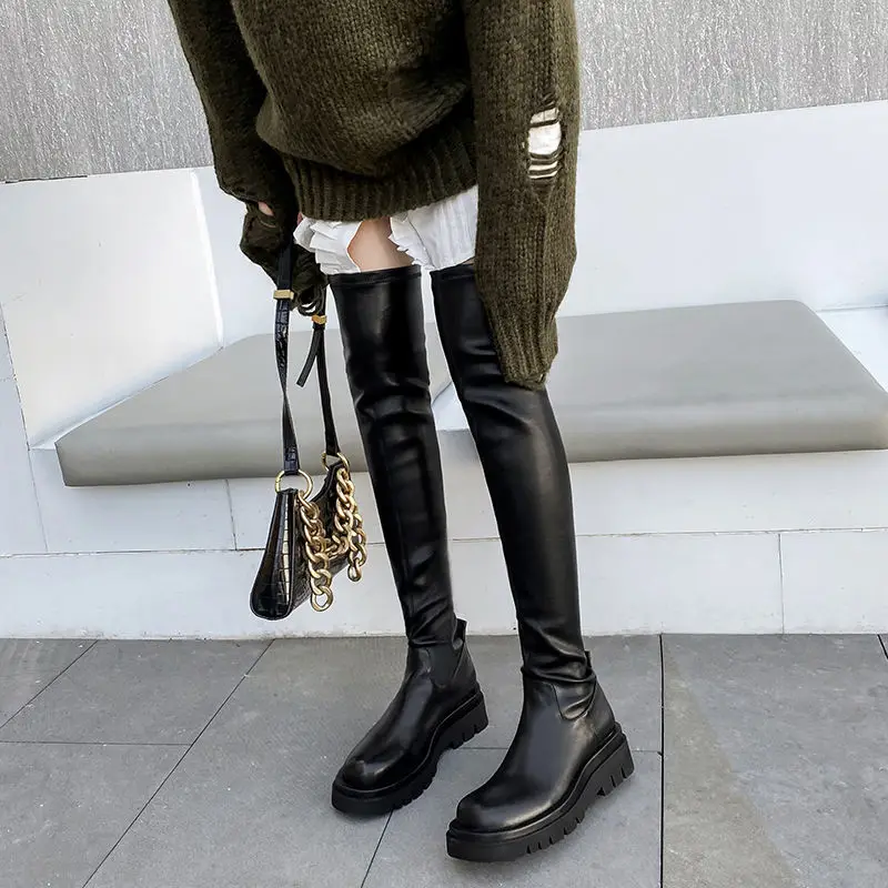

over the Knee Boots Women's Winter New Stretch Skim-Fit Height Increasing round Toe Flat Bottom Mid Heel Platform Knight Boots