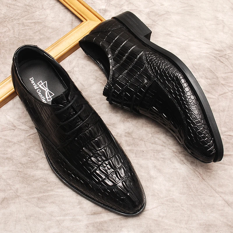 

Мужские классические туфли оксфорды из натуральной коровьей кожи с крокодиловым узором, черные, коричневые Формальные Свадебные туфли на шнуровке