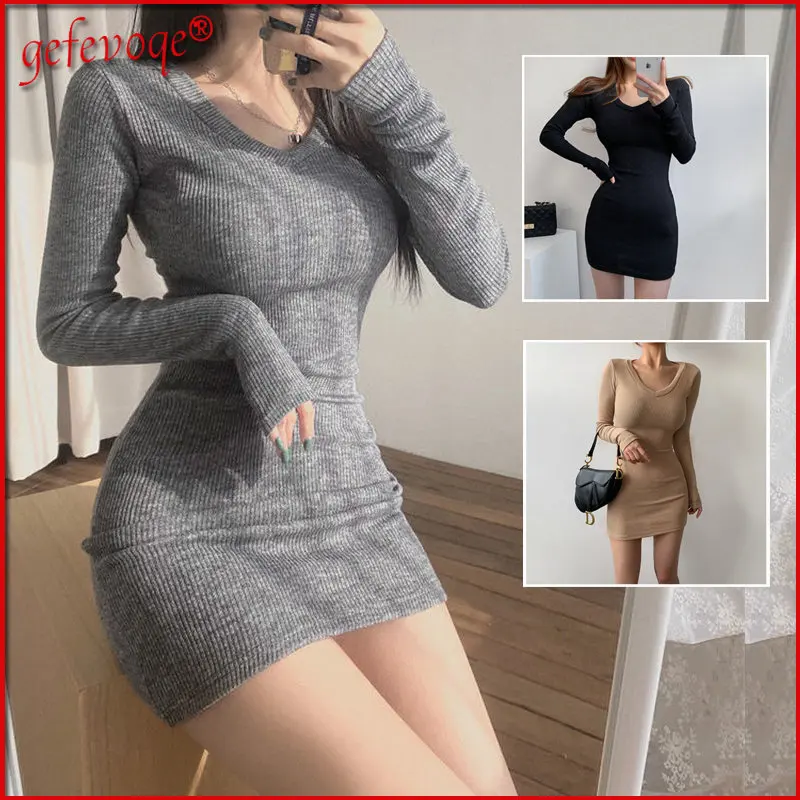 

Женское трикотажное платье-мини в рубчик, повседневное и базовое облегающее платье с V-образным вырезом для вечерние, весна-осень 2022