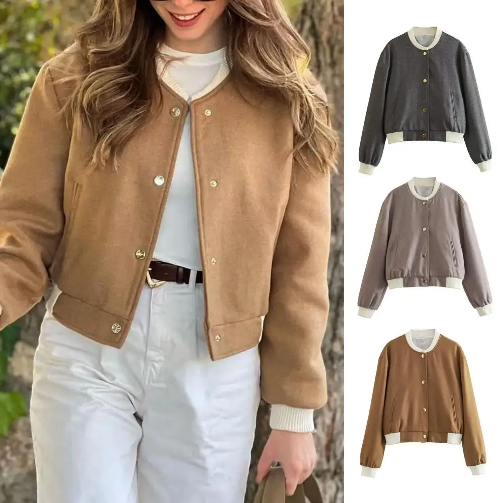 

Women Coat Stylish Stand Collar Women's Bomber Jacket Warm Soft Outerwear with Pockets Elastic Cuffs for Fall/winter Stand