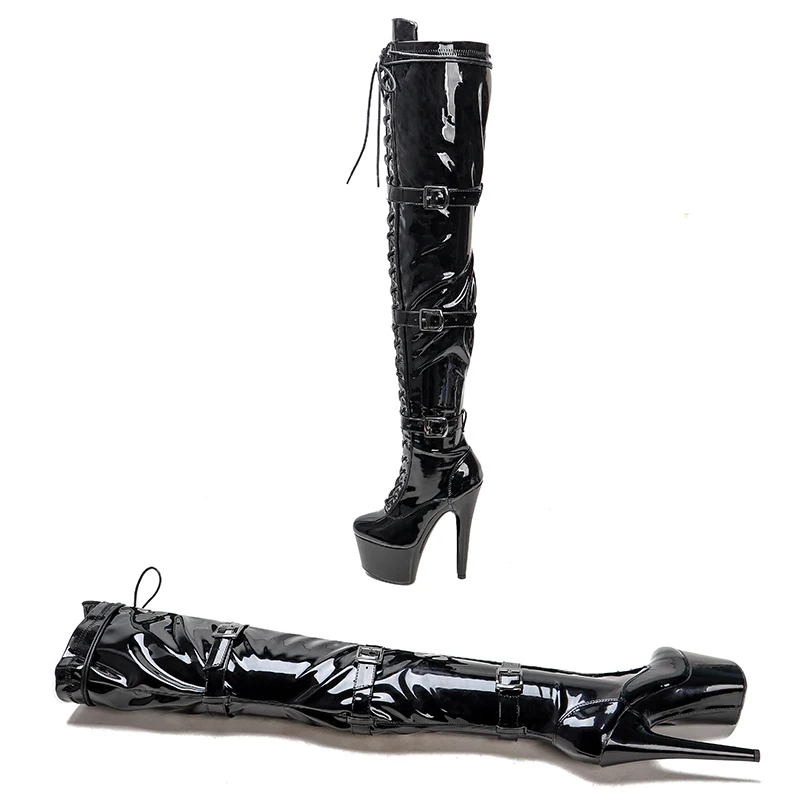 Женские сапоги из лакированной кожи Leecabe высокие на массивной платформе 17 см/7