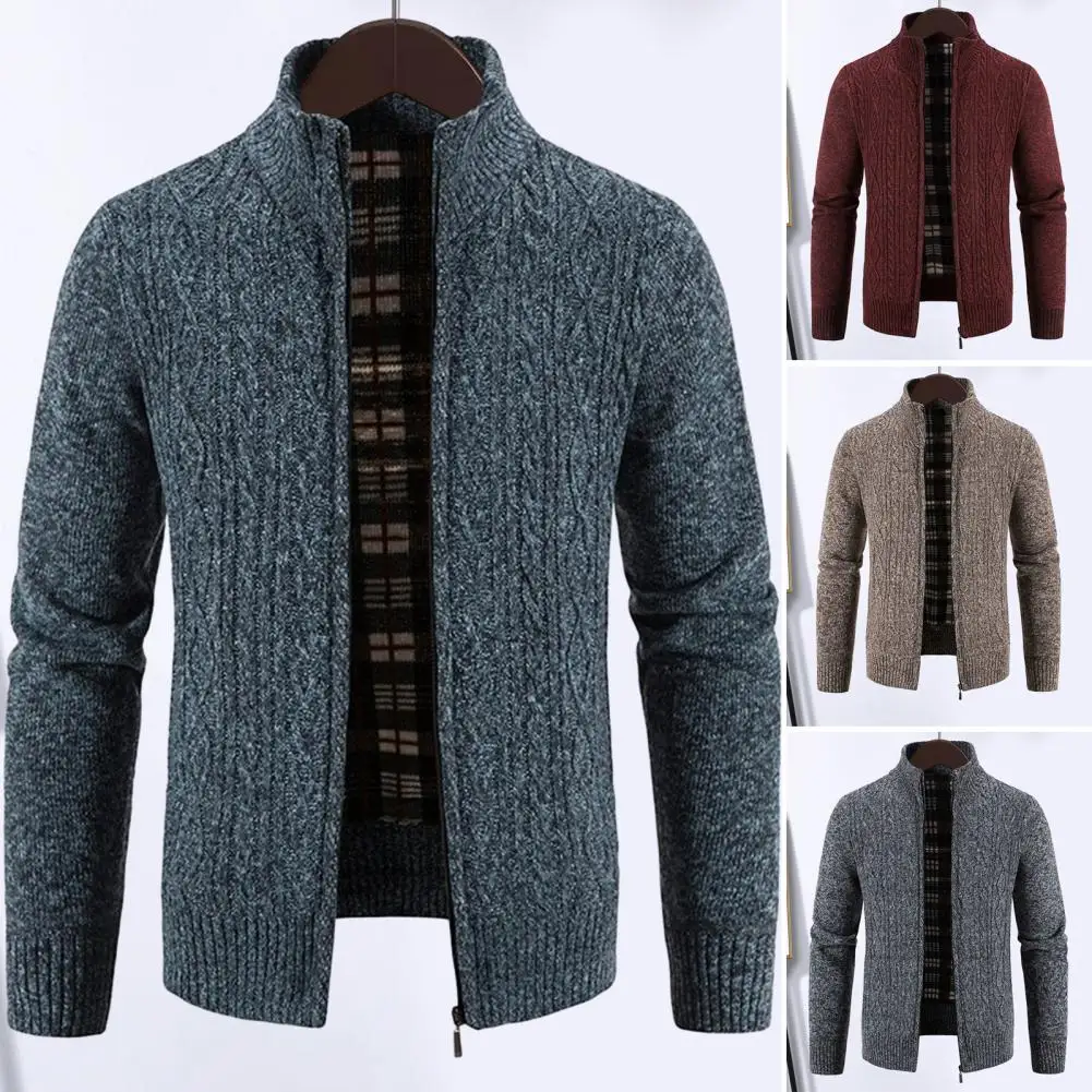 

Men Casual Coat Cozy Knit Cardigan Sweater Men's Winter Jacket with Stand Collar Zipper Closure Pockets Warm Anti-pilling Coat