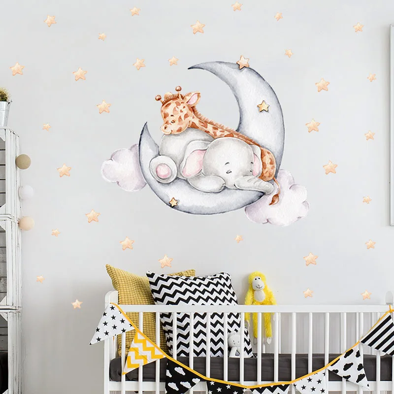 

Cartoon Pink Baby Elephant Wall Stickers Hot Air Balloon Wall Decals Baby Nursery Decorative Stickers Moon and Stars for Girl