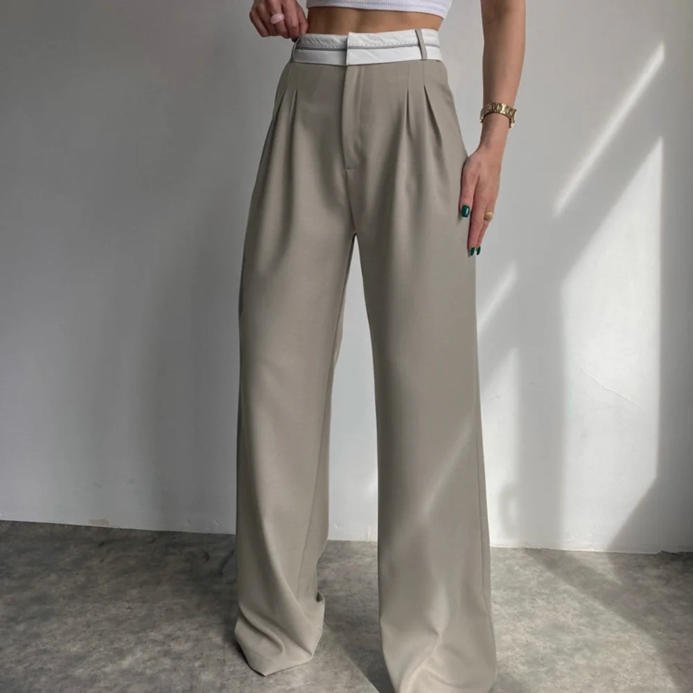 

Women's Suit Pants Pants Loose High Waist Spliced Fold Solid Color Temperament Spring/Summer Commuter Pocket Minority Design