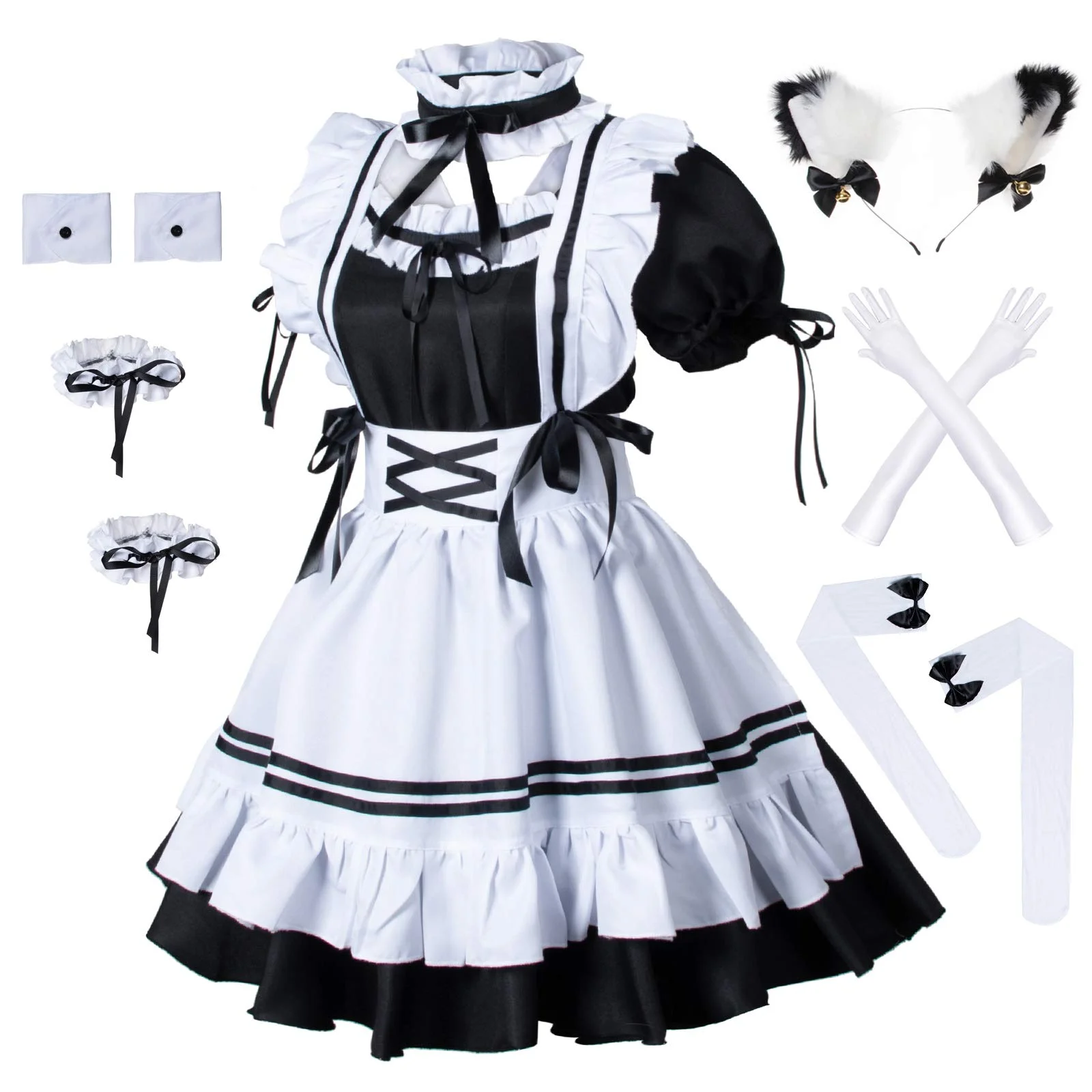 

Sissy Maid Dress New Style Japanese Anime Cosplay Sweet Classic Lolita Fancy Apron Maid Dress with Socks Gloves Set FOR WOMEN