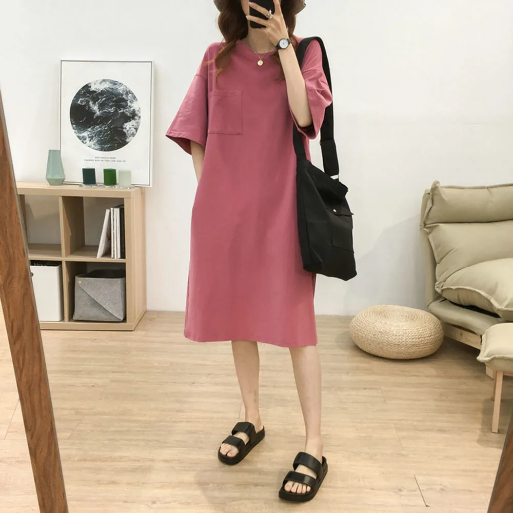 

Женское летнее платье-футболка, Свободные повседневные Простые футболки до середины икры с рукавом до локтя в стиле преппи в стиле Харадзюк...