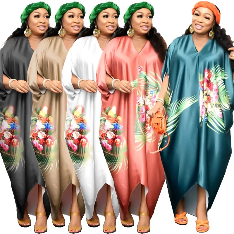 African Dashiki Print Maxi Dress Silk Satin Muslim Bat Abaya Bazin Robe Gowns Africa Long Sexy Lady Traditional Hipster Islamic