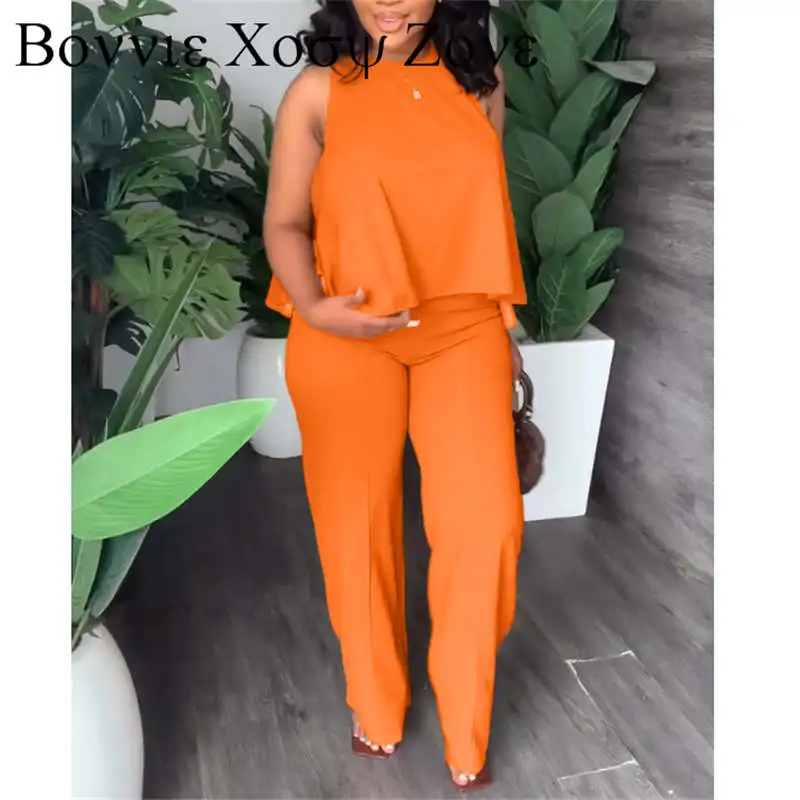 

Women Elegant Solid Tank Crop Tops & Straight Leg Pants Loose Two Pieces Sets