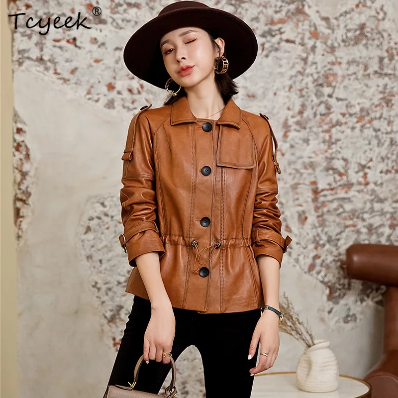 

Genuine Leather Jacket Women 2023 Korean Retro Casual Lapel Tie Waist Single Breasted short Real Sheepskin Coat Female