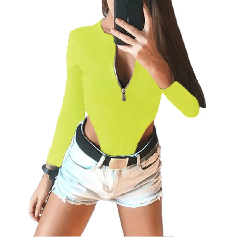 

Женское облегающее боди на молнии, неоновое сексуальное черное боди с длинным рукавом и молнией, модель G2840 на осень и зиму, 2022