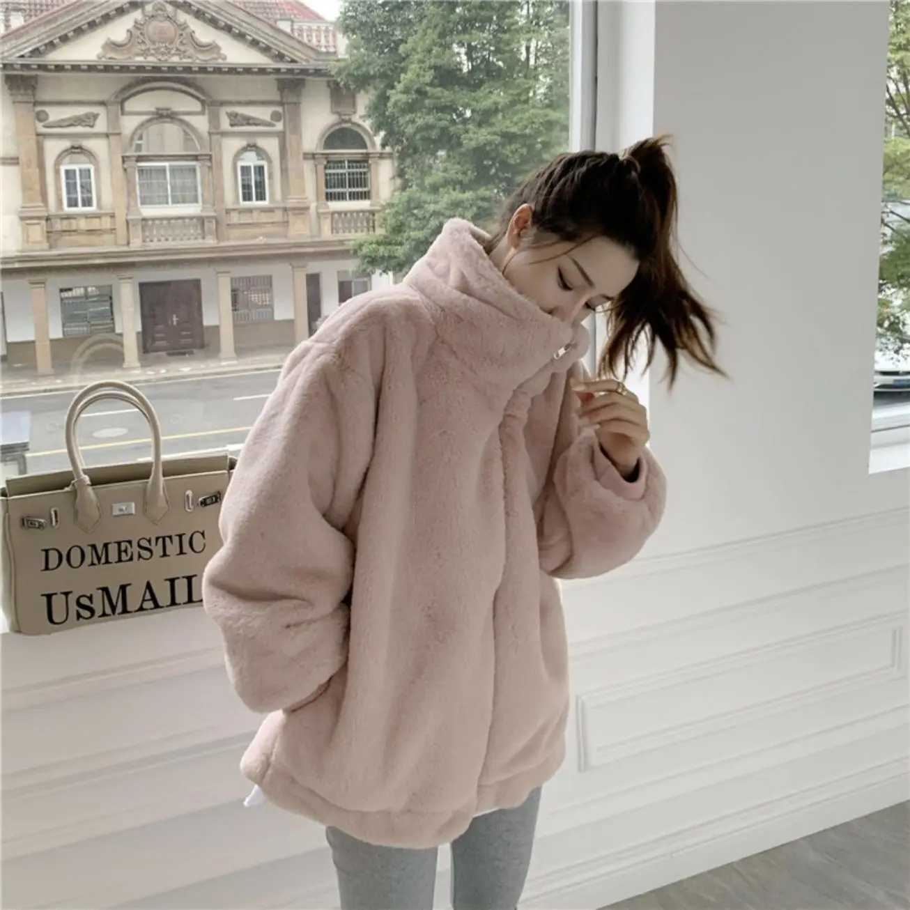 Fall Winter 2021 Plush Coats Women Thickened St-up Collar Lamb Hair Faux Otter Rabbit Hair Loose Fur Coat for Sweet Girl