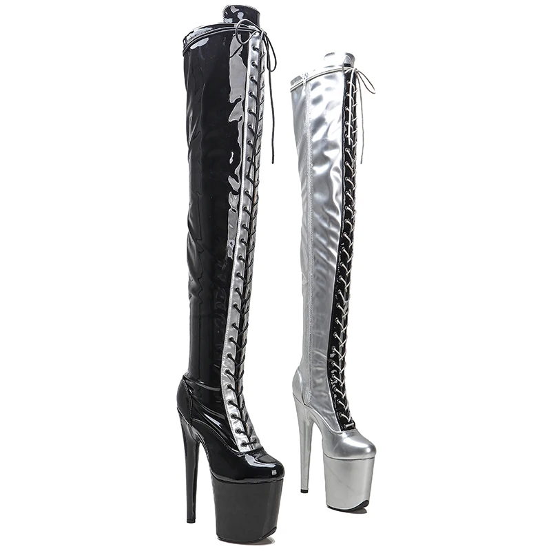 Leecabe  20CM/8Inch PU Upper black with silver  Exotic Sexy Fashion Trend Platform disco party High Heels Shoes Pole Dance boot