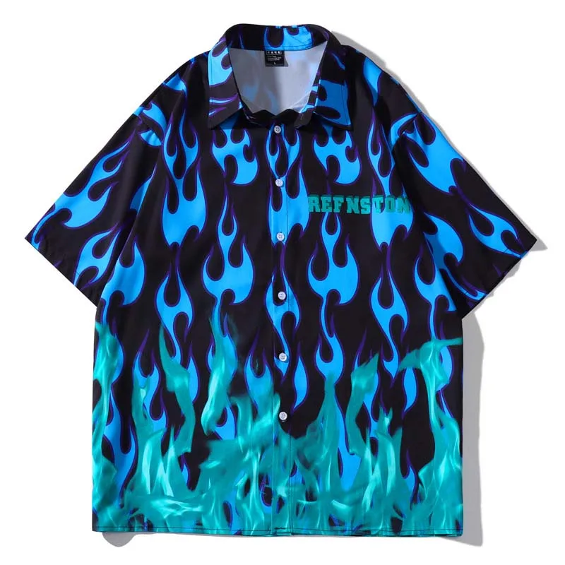 

Flame Printed Hip Hop Short Sleeves Casual Shirts Streetwear Harakuju Oversized Loose Top Shirts For Male Summer