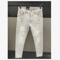 new style washed white hole micro elastic slim trend mens letter denim trousers dsq9103 1