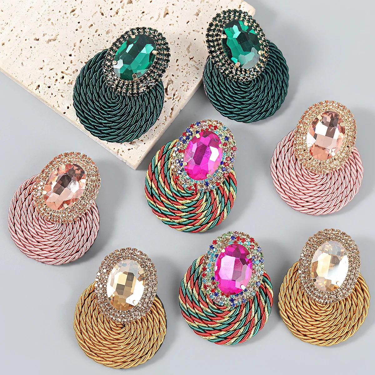 

Alloy Diamond Oval Rhinestone Braided Round Pendant Large Earrings for Women