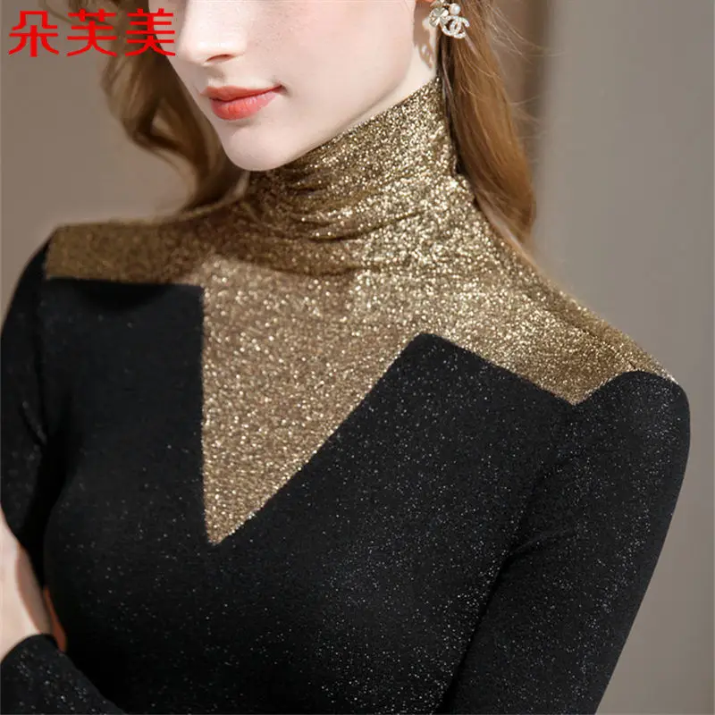 

Women T Shirt Mesh Tops Female Long Sleeve Slim Patchwork T-Shirt Lace Top Ladies Turtleneck Bottoming Tee All-match Tees G258